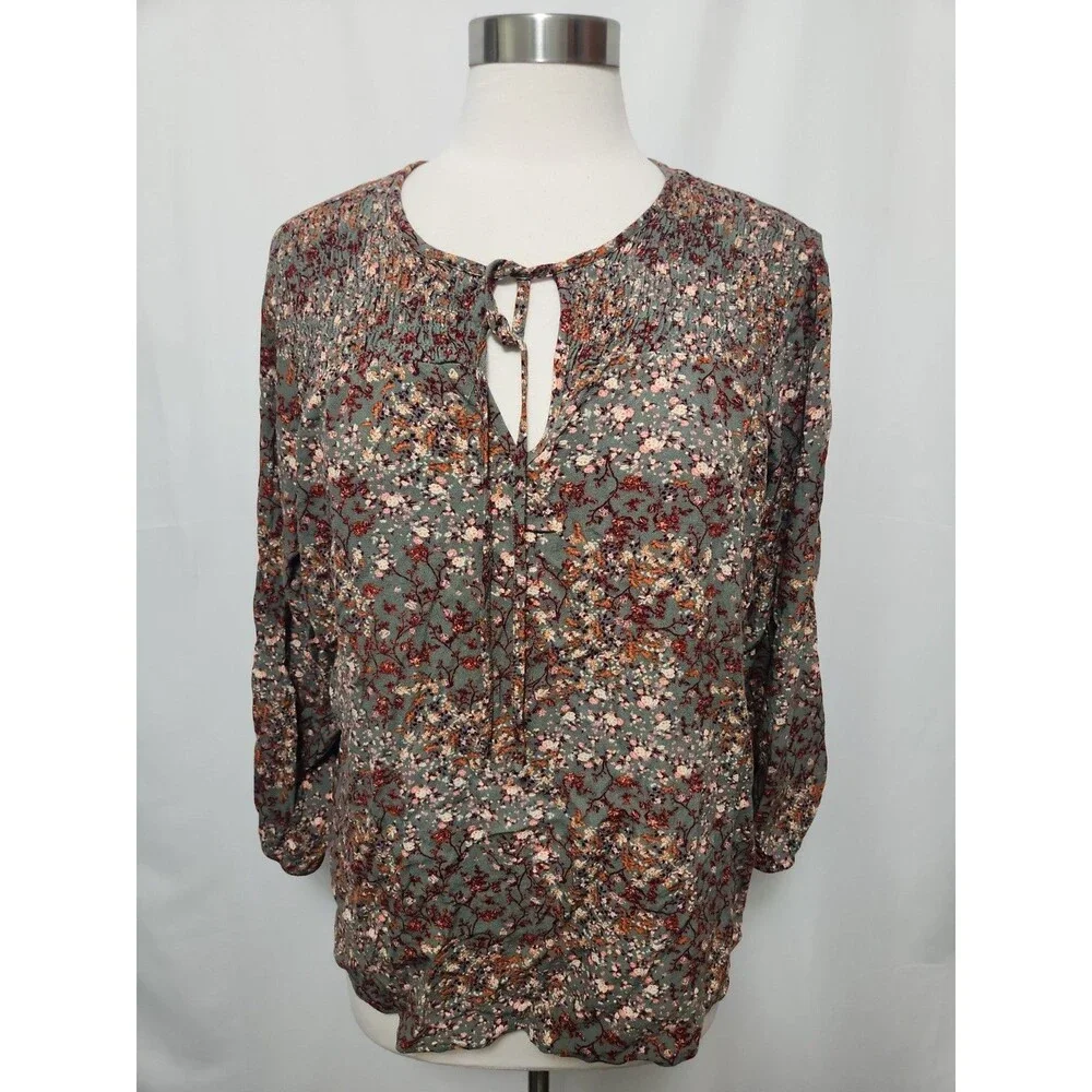 Bohemian Babydoll Top Womens XL Floral Tie V Neck Blouse Romantic Cottage Core